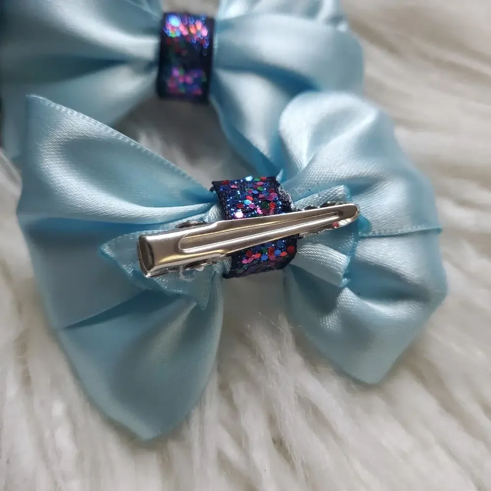 Handcrafted Blue Sparkle Ribbon Hair Bow Set